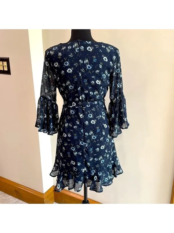 Altar’d State Women's Blue Floral Metallic Stripe Mini Ruffle Dress Size Medium - Image 4
