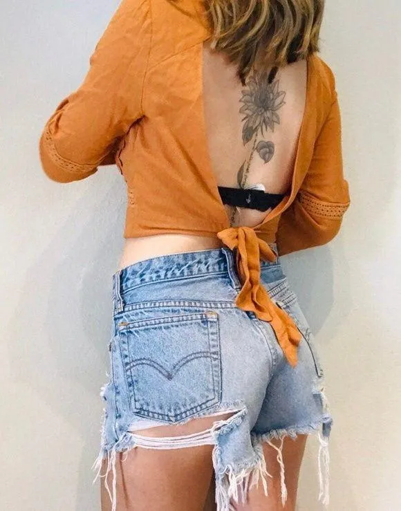 Essue Lace V Neck Crop Top Rust Bell Sleeves - Image 4