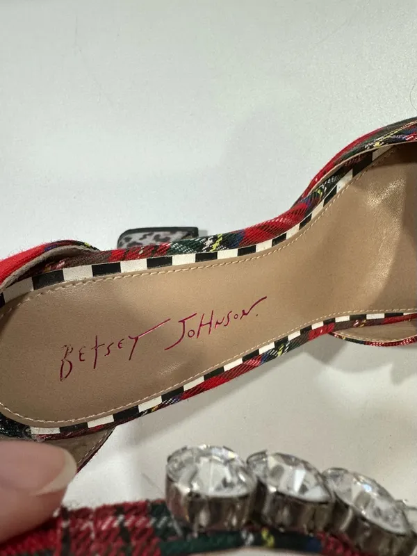 Betsey Johnson Guliana Red Plaid Black Bow Animal Print Heels Sz 8 Crystals Glam - Image 9