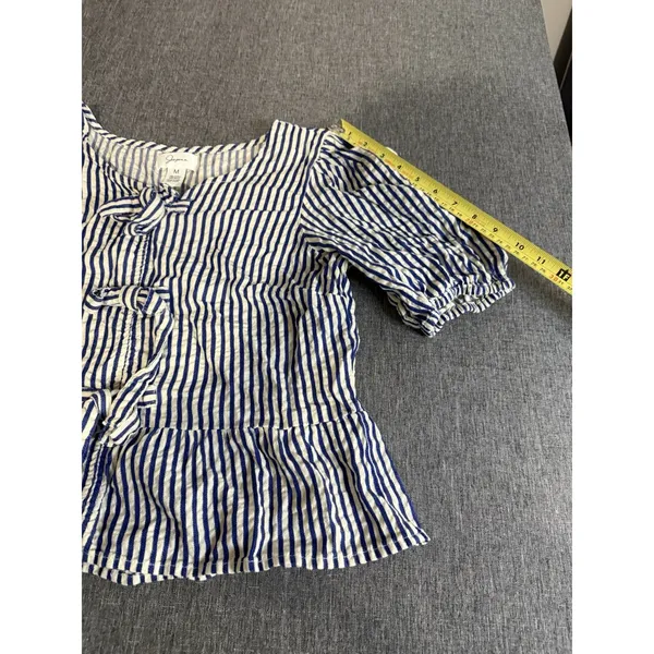 Japna Blue White Striped Tie Front Bow Puff Short Sleeve Square Neck Blouse M - Image 8