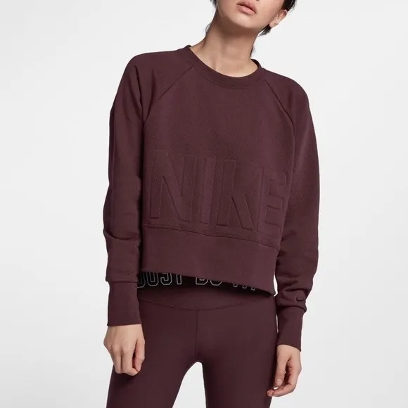 Nike Dri-Fit Embossed Logo Sweatshirt XL Burgundy Crewneck Raglan Athleisure‎ - Image 2