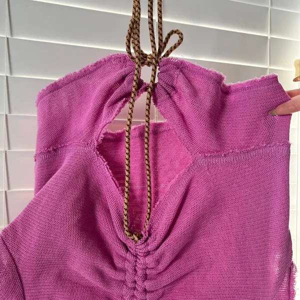 Free People boho Fairycore Pink Ruched cutout Drawstring knit Top Size Medium - Image 2