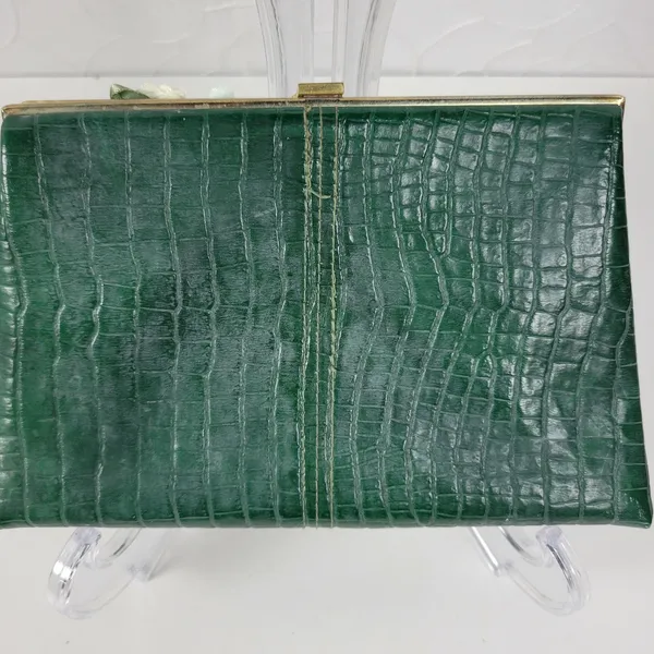 Andé Womens Clutch Bag Green Croc Embossed Pastel Floral Applique Gold Chain - Image 6