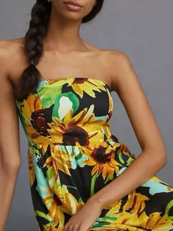 Anthropologie Maeve Sunflower Strapless Silk Rayon Midi Dress boho Cottagecore - Image 3