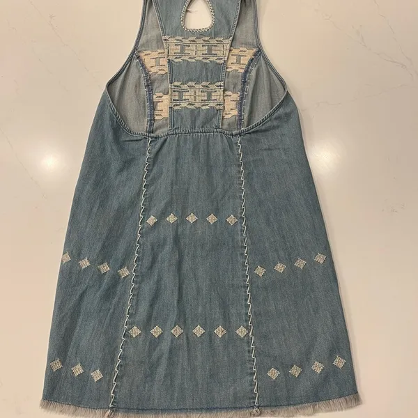 Free People Embroidered Chambray Denim Mini Dress | Size XS | Aztec Racerback - Image 4