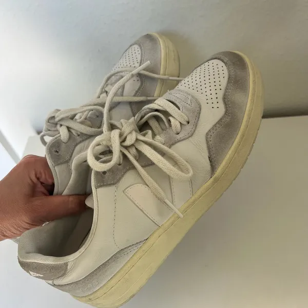 VEJA V-90 Leather and Suede Sneakers in Gravel White - Image 2