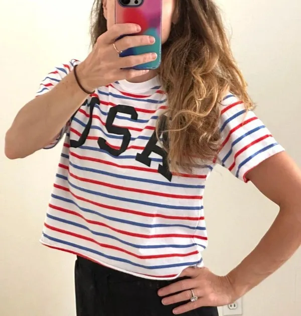 Mighty fine USA Striped Short Sleeve Crop Top Patriotic Tee Sz Medium - Image 3