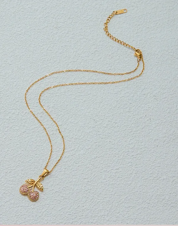 3 layered necklace set gold with cherry charm and snake chain - Image 3