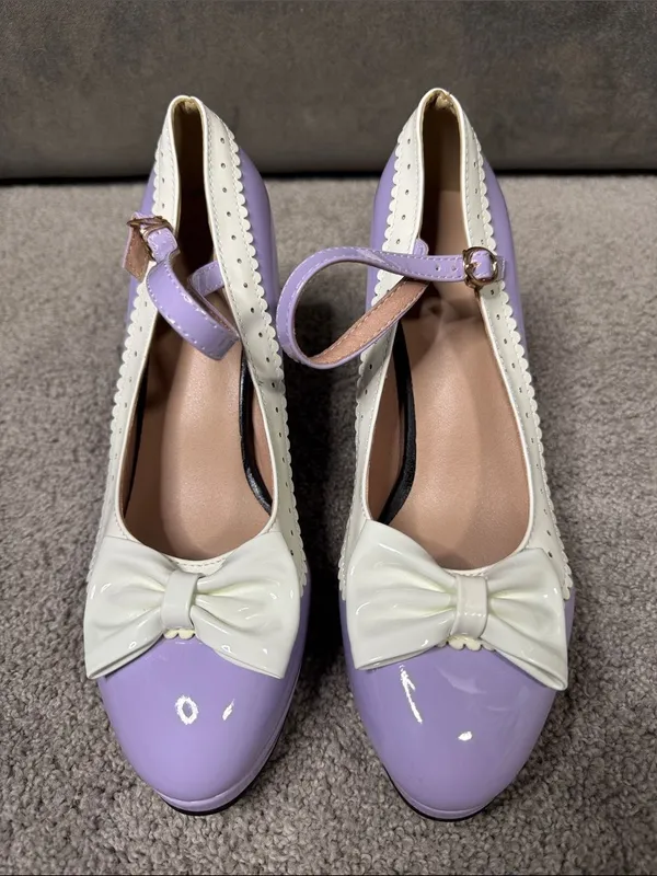 Women’s Purple Chunky Heel Mary Jane Pumps Cute Bow Round Toe Size 10 (EU42) NEW - Image 3