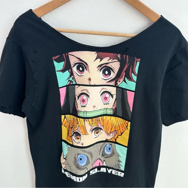 Black Demon Slayer Kimetsu No Yaiba Off the Shoulder Anime Tee - Image 2