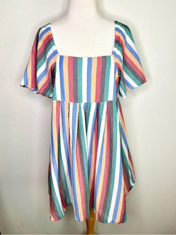 Madewell Dress Square-Neck Mini Festival Stripe Multicolor Flutter Sleeve - Image 2
