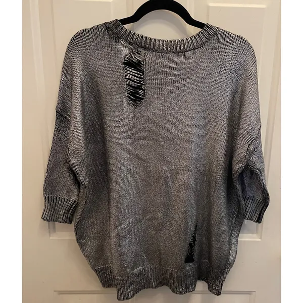 Guess Metallic Silver Black Distressed Knit Sweater Womens L‎ Chunky Oversized - Image 5