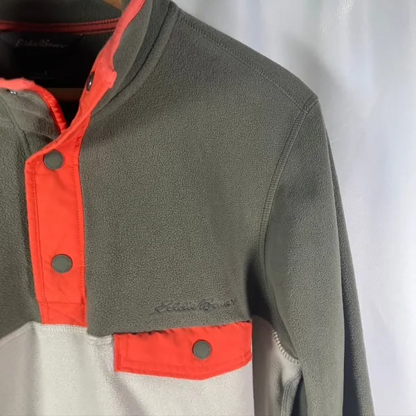 Eddie Bauer Fleece Pullover Mens Small Snap‎ Button Pocket Olive Green Beige - Image 5