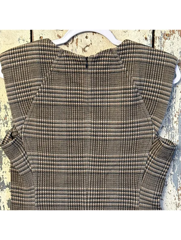 Theory Power Midi Wool Plaid Classic Sheath Dress, size 10, black brown white - Image 4