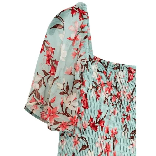 As You Wish Green Floral Chiffon Smocked Asymmetrical Dress LARGE Cottage Flowy‎ - Image 4