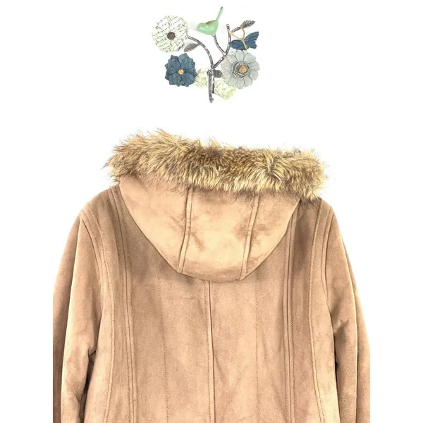 Gallery Women’s Jacket Faux Suede Leather Faux Fur Beige Size Large Hooded - Image 6