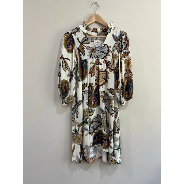 Umgee Abstract Paisley‎ Puff Sleeve Boho Babydoll Mini Dress Size Small - Image 2
