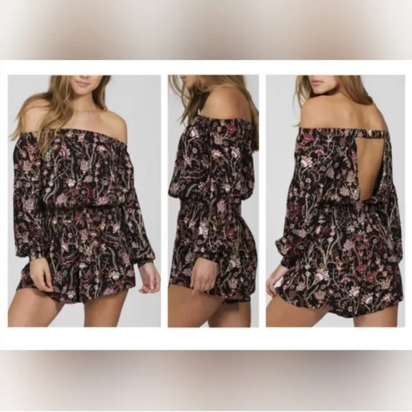 Free People Pretty and Free Black Floral Print Off the Shoulder Romper - Image 2
