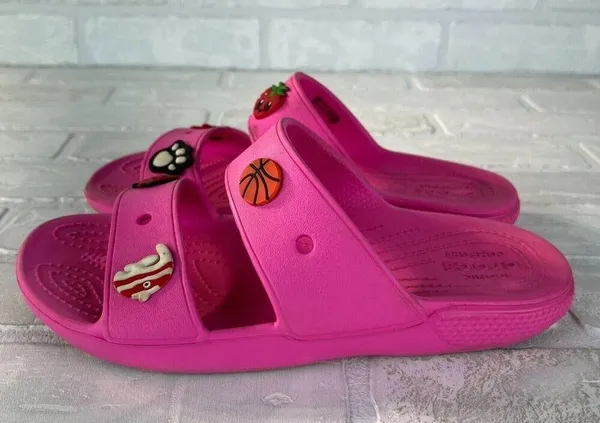 Crocs Classic Sandals Womens 7 Men 5 Pink Charms Two Double Strap Bright Comfort - Image 6