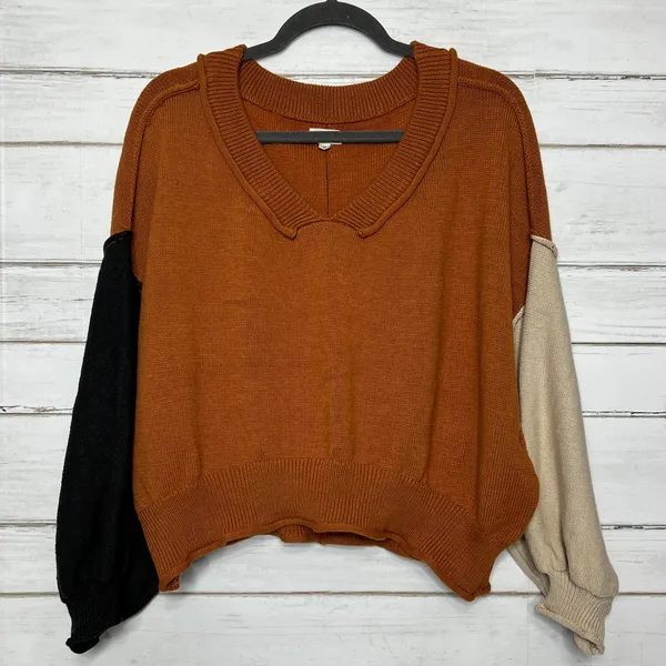 Pol Colorblock Boho V-Neck Knit Sweater Slouchy Pullover Rust Orange Size Small - Image 2
