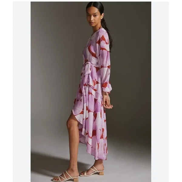 Hutch Purple Red Botanical Leaf Print Wrap Maxi Dress Long Balloon‎ Sleeve L - Image 2