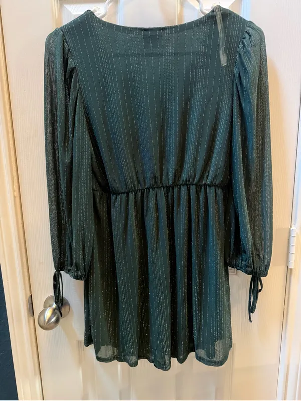 Siren Lily Maternity V-Neck Long Sleeve Mini Dress with Metallic Pinstripe - Image 2