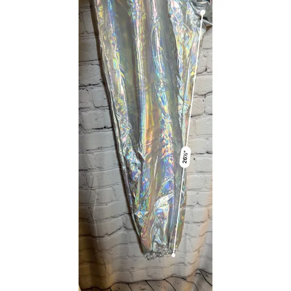 Women's Shiny Metallic High Waist Stretchy Jogger Pants Iridescent Silver XL - Image 7