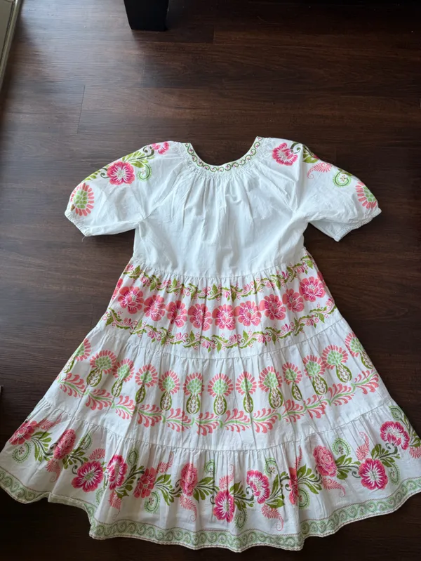 crown & ivy White Dress with Pink & Green Floral Embroidery - Image 3
