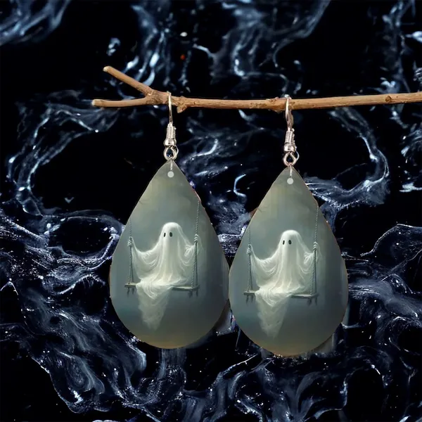 Cute Ghosts On Swing Teardrop Shape Earrings, Gothic Style‎ Dangle Earrings White - Image 5