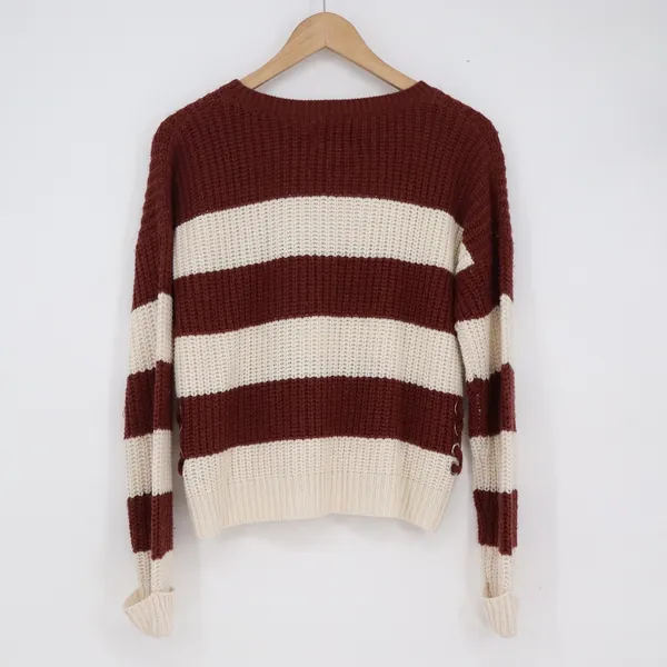 Pink Republic Women's Striped Lace Up Side Knit Sweater Burgundy Cream L - Image 4