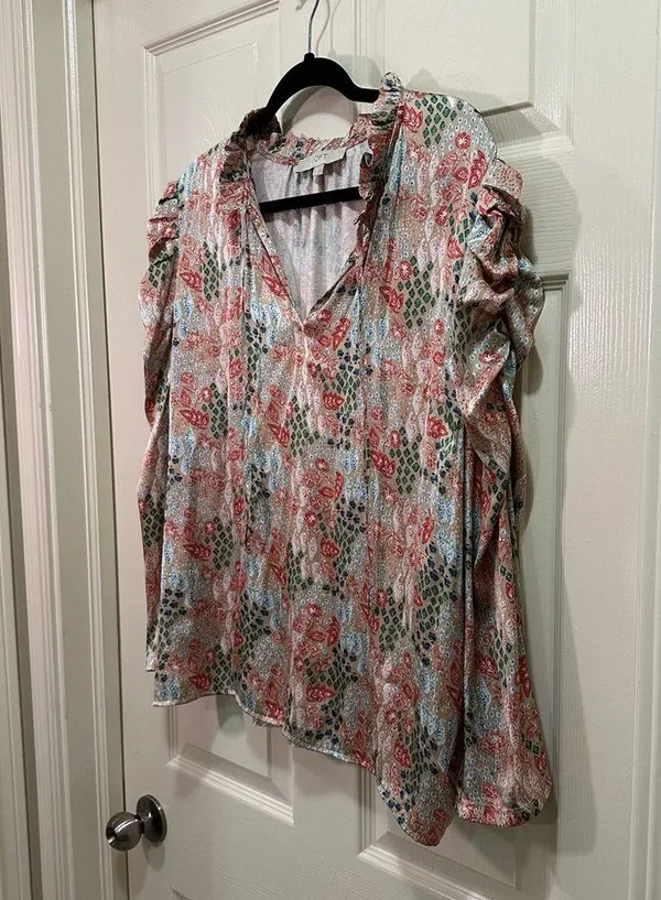 LOFT Garden Cinched Sleeve Ruffle Tie Neck Women’s XL Top Tan - Image 3