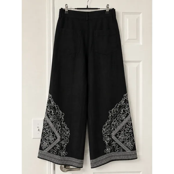 Haver + Blair Black Embroidered Wide Leg Linen Blend Pants Womens Small Boho - Image 3