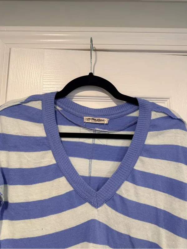 NWOT Free People We The Free Size XS Blue Cream Striped Thermal Knit V Neck Top - Image 2