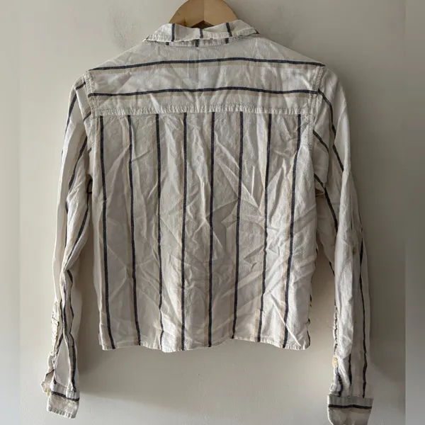 Abercrombie & Fitch Button Up Linen Blend Shirt White Blue Long‎ Sleeve - Image 3