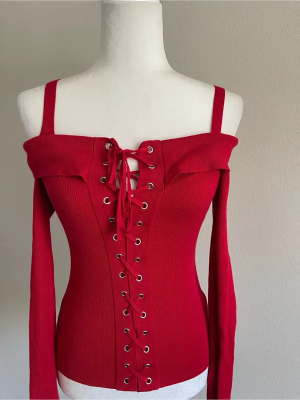 Guess Off-the-Shoulder Lace-Up Sweater in Red - Image 2