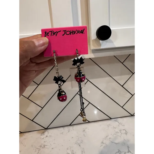 Betsey Johnson Ladybug Earrings crystal post stud black bows pink ladybug dangle - Image 6
