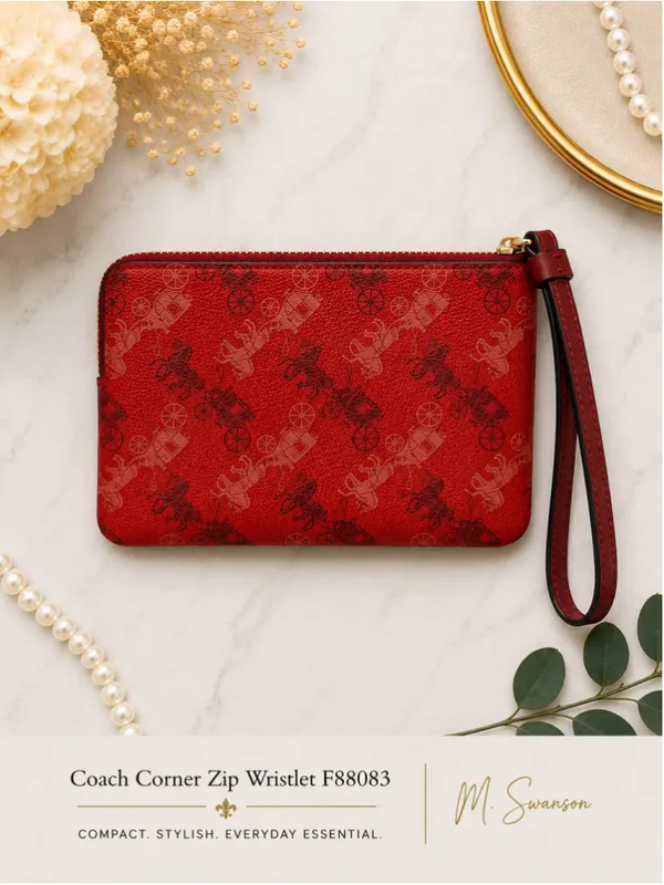 Coach Horse & Carriage Print Corner Zip Wristlet – Red - Image 2