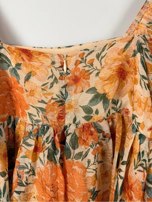 Storia Estelle babydoll maxi dress in orange tan shimmer floral size XS - Image 8