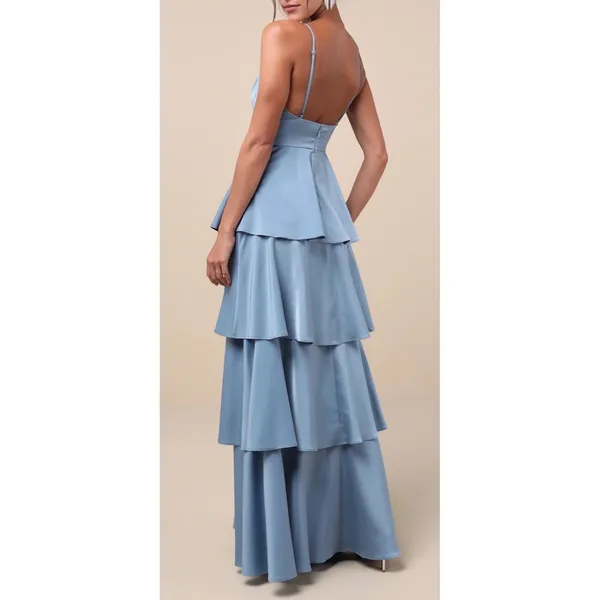 NWT Lulus‎ Going with Elegance Slate Blue Satin Tiered Gown Size Small Formal - Image 2
