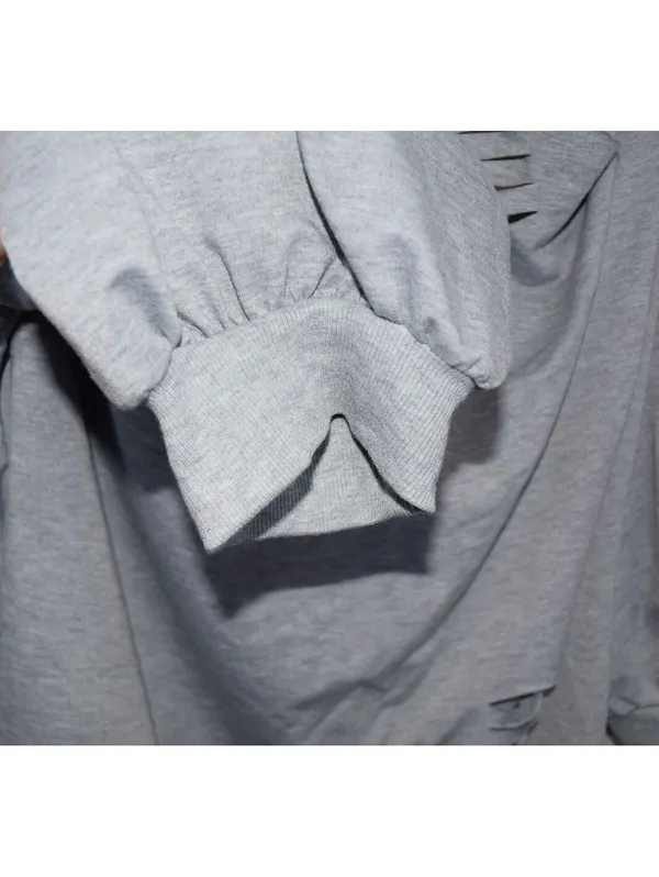 Edgy Gray Cold Shoulder Cutout Sweatshirt XXL Long Sleeve Top Distressed - Image 7