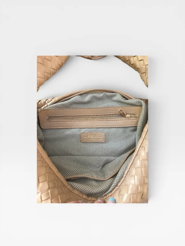 Urban Expression Woven Hobo Shoulder Bag Taupe Vegan Leather Slouchy Oversized - Image 3