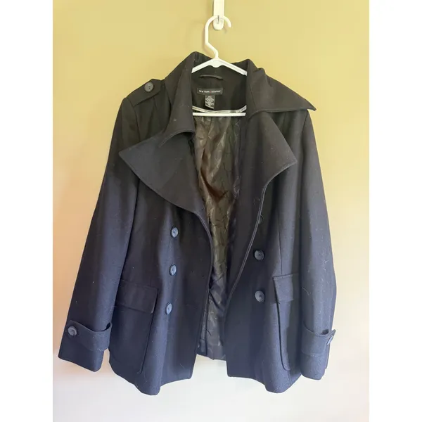 New York & Company Black Wool Blend Double Breasted Pea Coat Womens‎ Large - Image 2