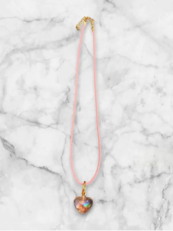 Pink Cord Necklace with Iridescent Heart Pendant - Image 2