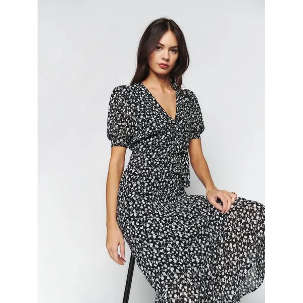 Reformation Reeds Ruffle Floral Georgette Midi Dress Size 0 Black Minimalist - Image 4