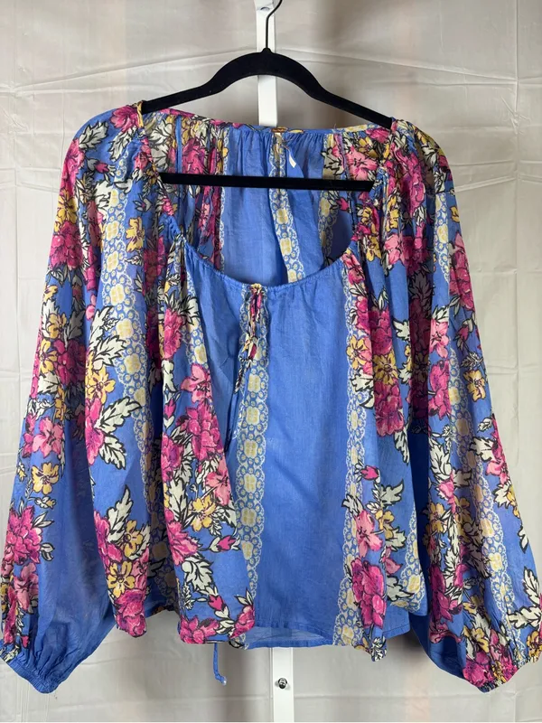 Free People Periwinkle Floral Tie-Front Peasant Top - Image 3