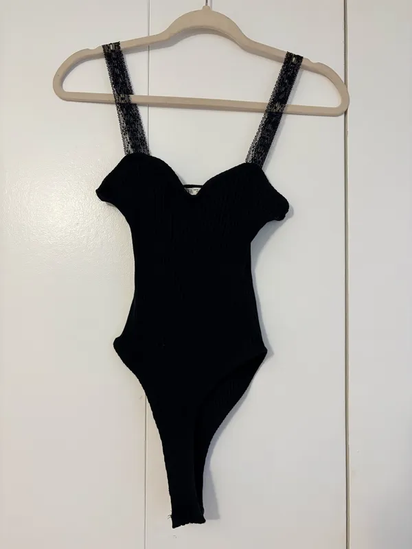 Zara Black Ribbed Bodysuit with Lace Straps - Image 2