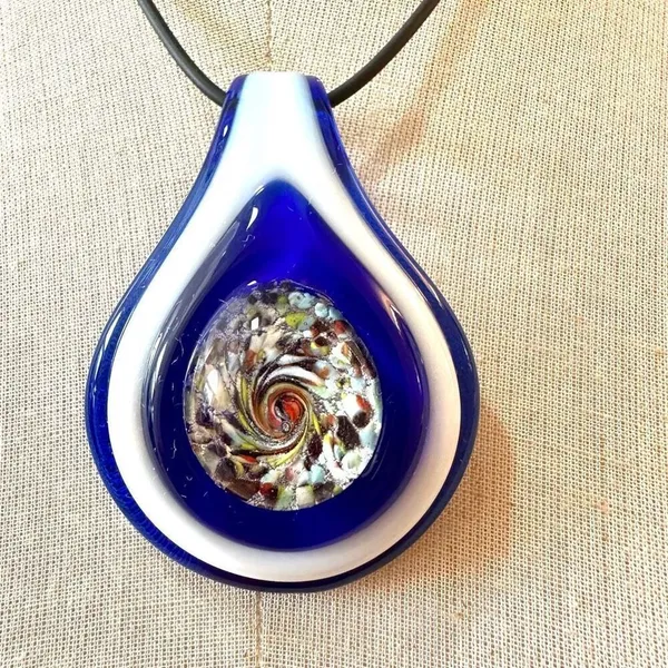 Handmade Murano Inspired Blown Glass Blue and White Teardrop pendant necklace on - Image 6