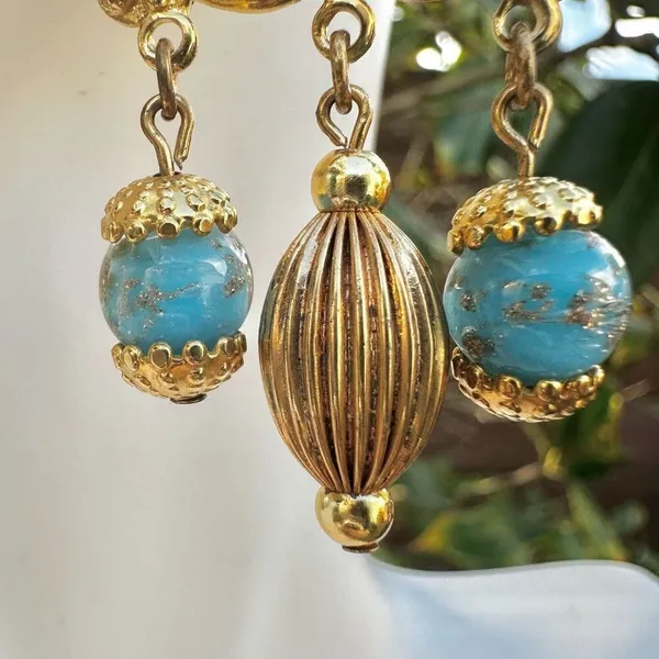 Gold tone and blue beaded vintage earrings - Image 2