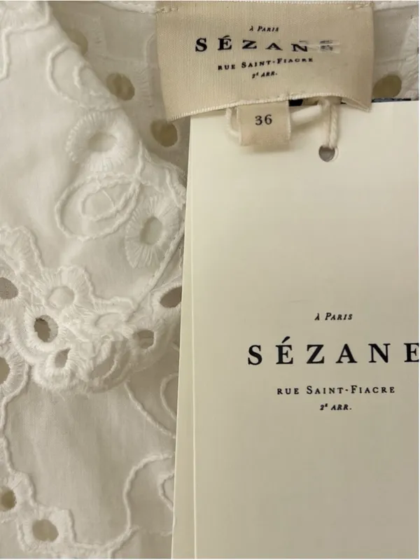 Sezane Adele Short Sleeve Embroidered Midi Dress Eyelet Collar Ecru FR 36 US 4 - Image 10