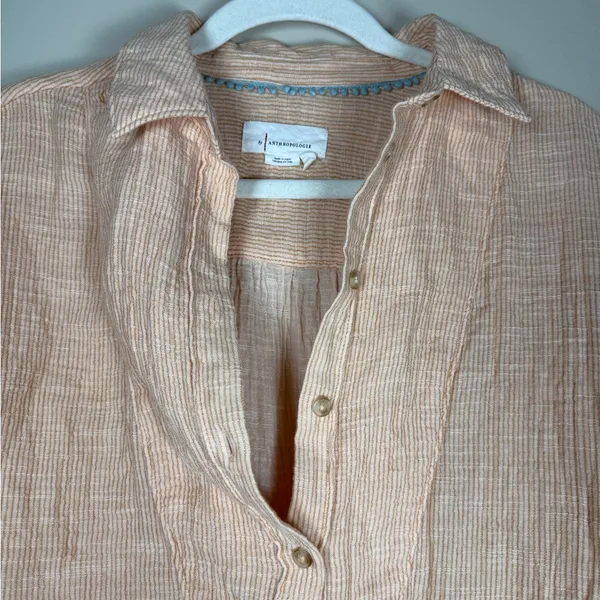 Anthropologie Orange Peach Cotton Gauze Bib-Front Popover Long Sleeve Shirt S - Image 7